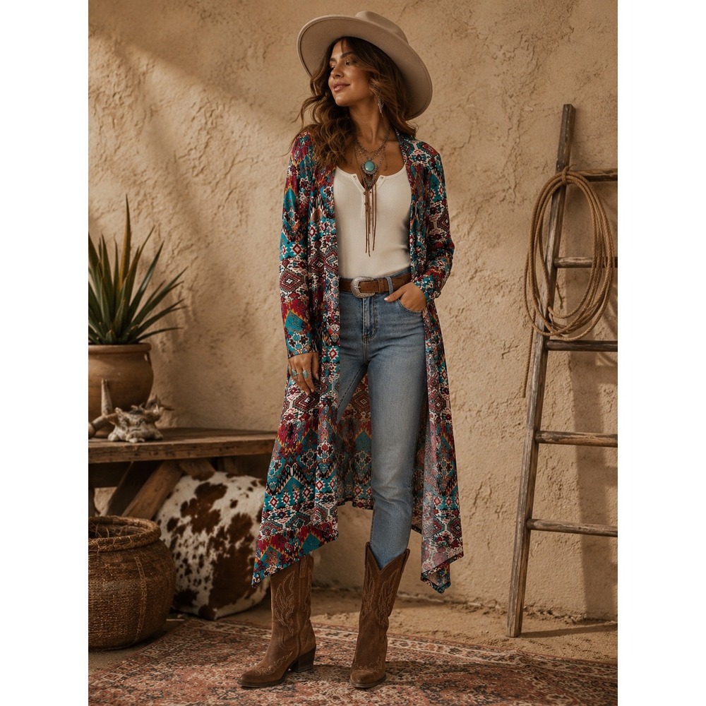 Rod's Western Palace Longline Duster Cardigan Southwestern Geometric Print XS/S